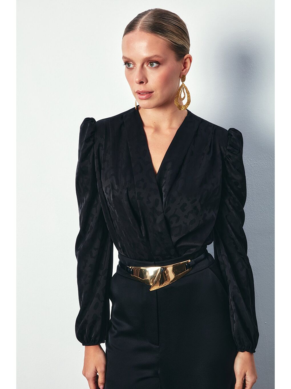 Kruvaze Desenli Bodysuit Bluz - Siyah-1