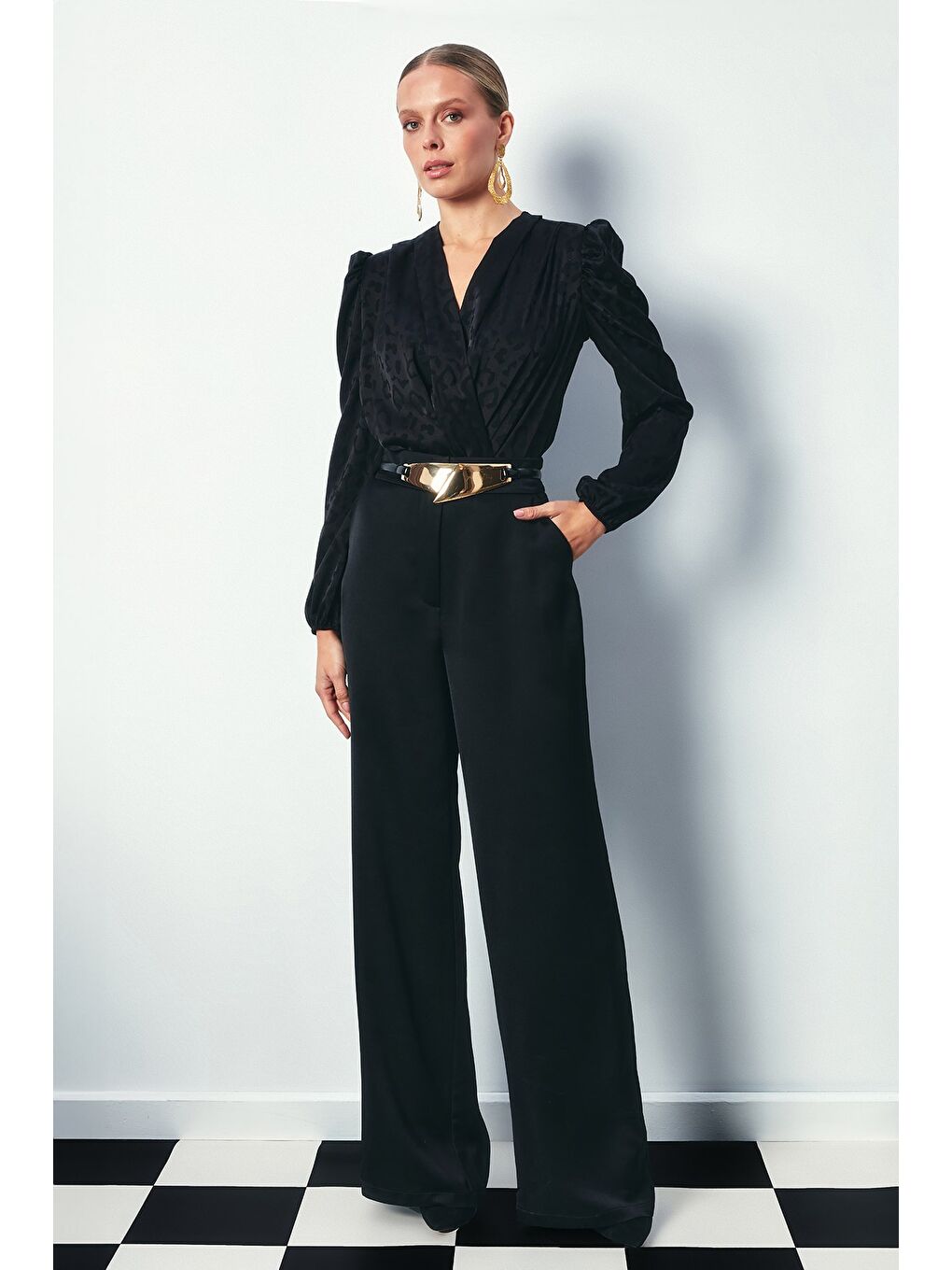 Kruvaze Desenli Bodysuit Bluz - Siyah-2