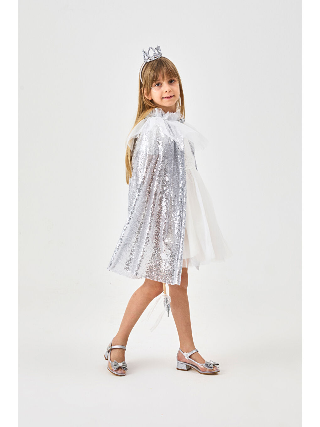 Gri Gümüş Payetli Kız Çocuk Parti Pelerini