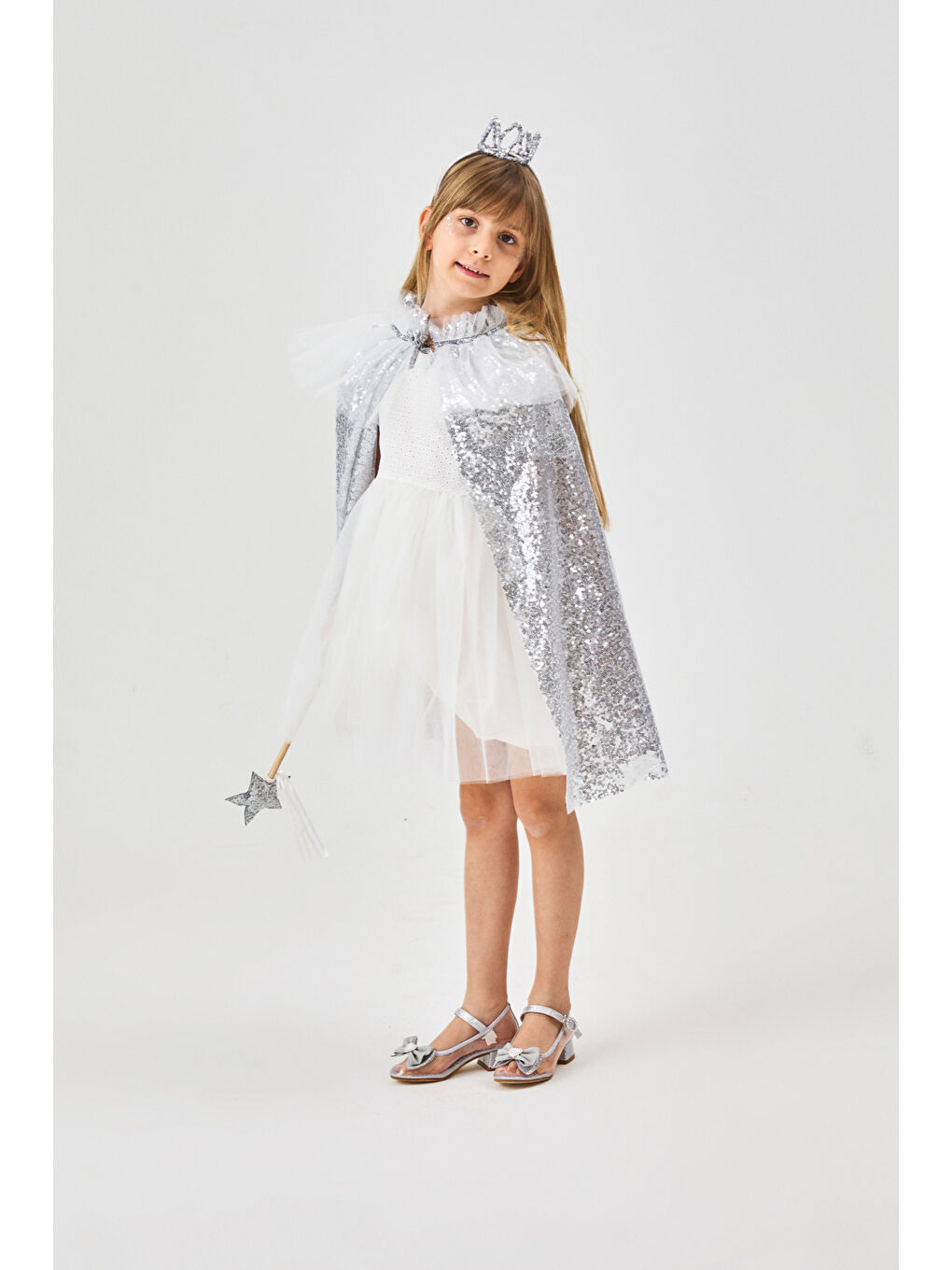 Gri Gümüş Payetli Kız Çocuk Parti Pelerini-1