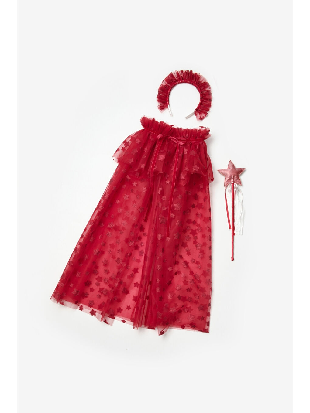Kırmızı Simli Yıldızlı Kız Çocuk Pelerin Asa ve Taç Set