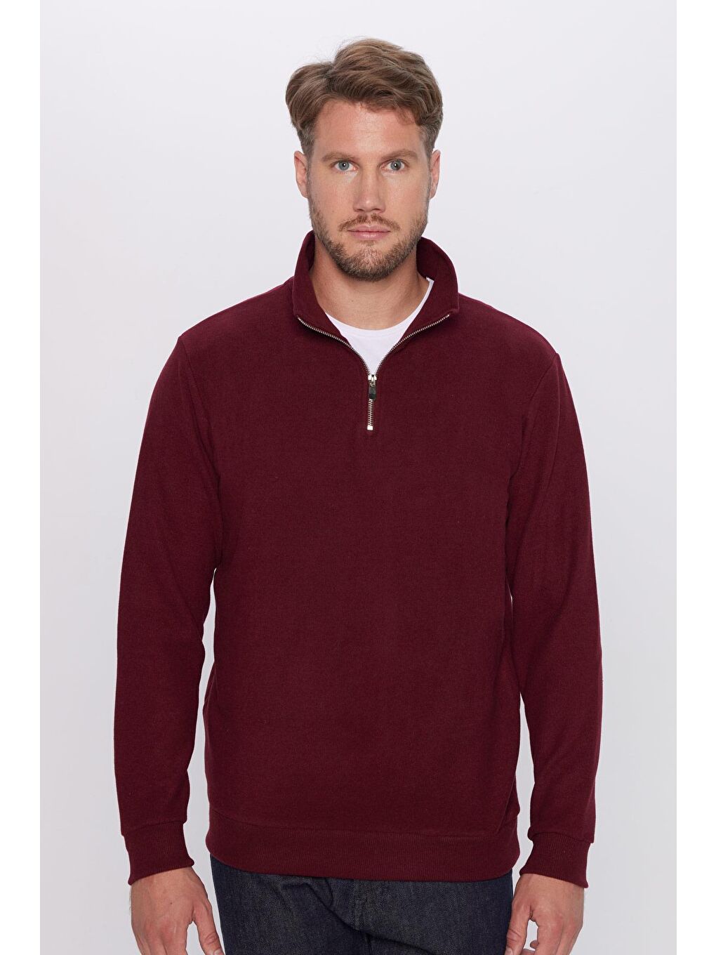 TUDORS Bordo Unisex Relax Fit Rahat Kesim Pamuklu Yarım Fermuarlı Bordo Dik Yaka Sweatshirt - 1