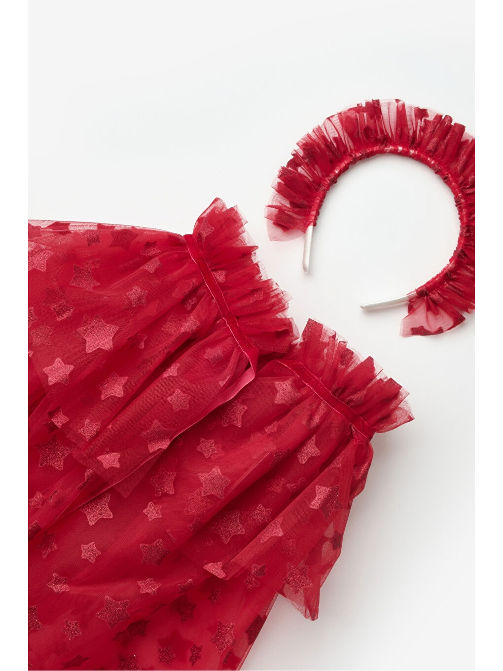 Kırmızı Simli Yıldızlı Kız Çocuk Pelerin Asa ve Taç Set-2