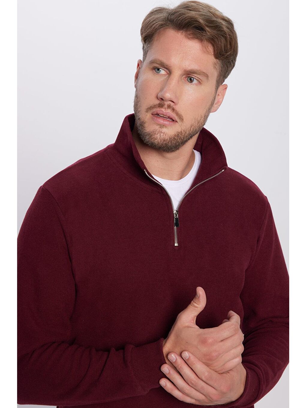 TUDORS Bordo Unisex Relax Fit Rahat Kesim Pamuklu Yarım Fermuarlı Bordo Dik Yaka Sweatshirt - 2