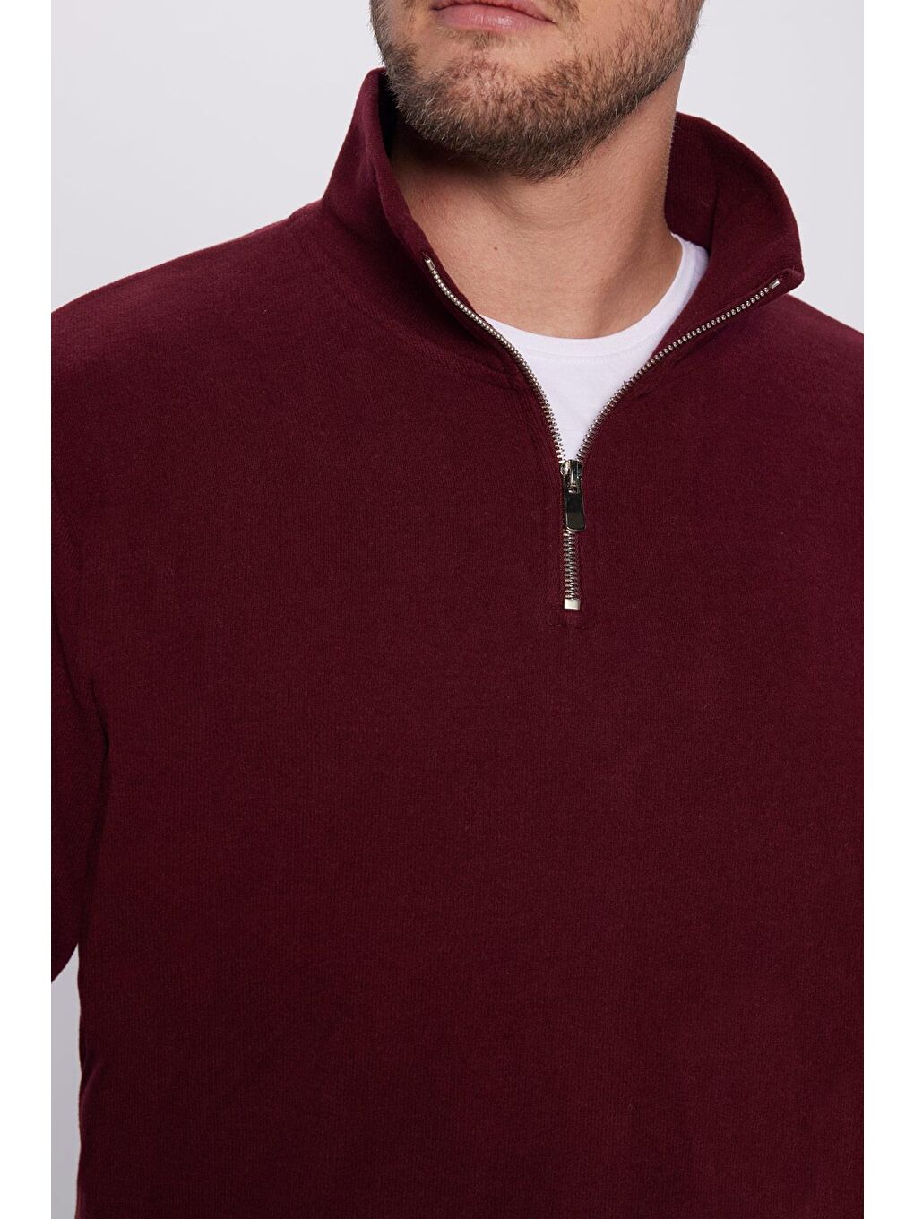 TUDORS Bordo Unisex Relax Fit Rahat Kesim Pamuklu Yarım Fermuarlı Bordo Dik Yaka Sweatshirt - 3