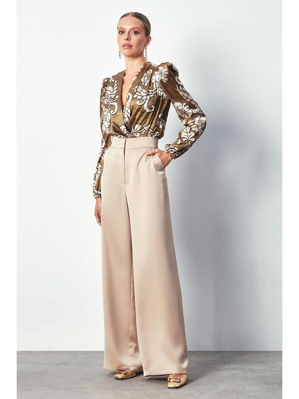 Desenli Bodysuit Bluz - Haki-1