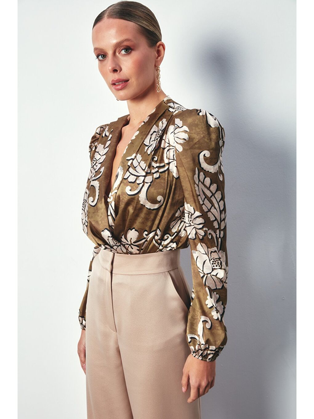 Desenli Bodysuit Bluz - Haki-4