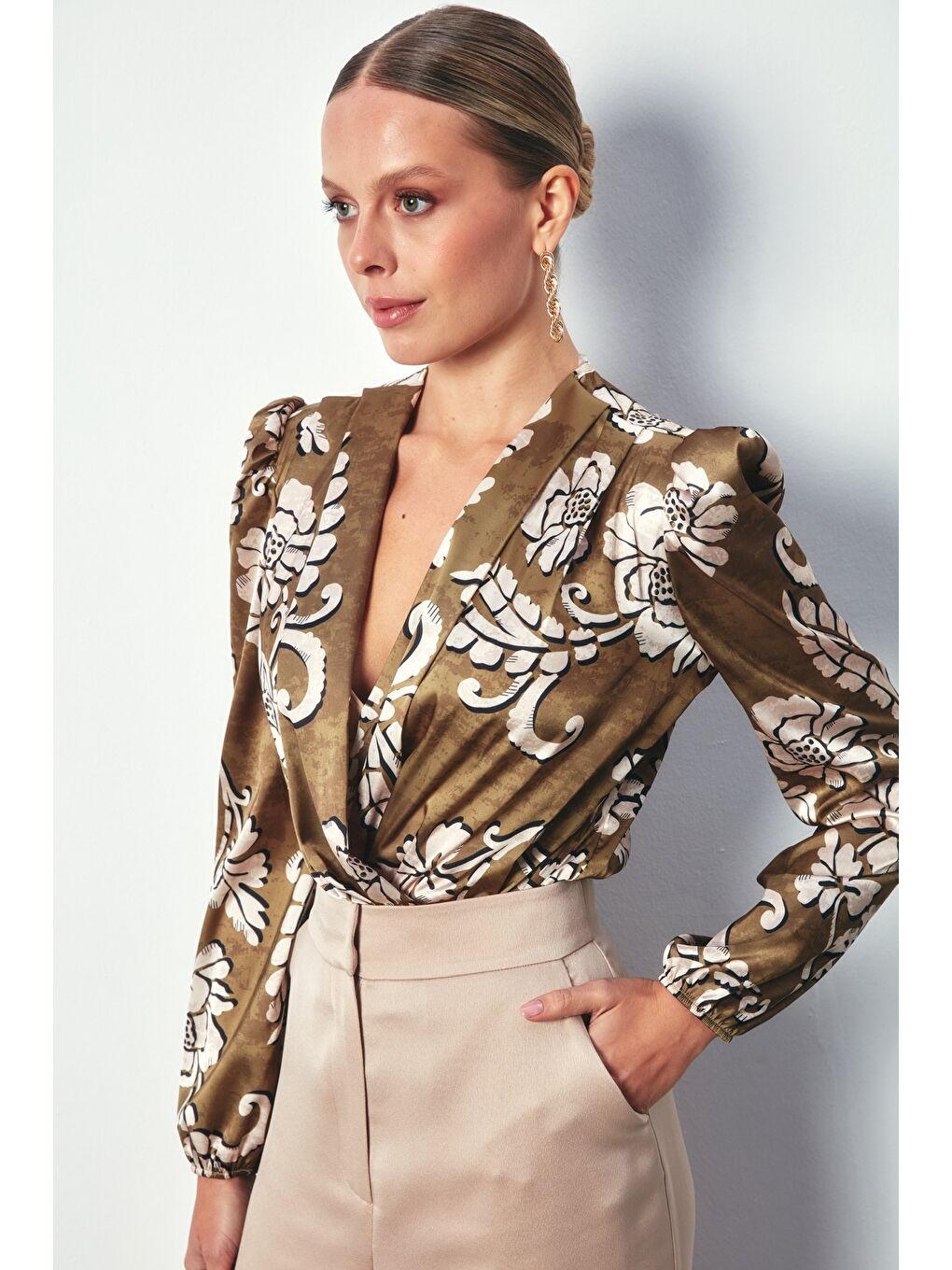 Desenli Bodysuit Bluz - Haki-5