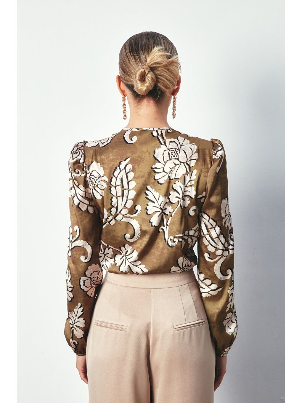 Desenli Bodysuit Bluz - Haki-6