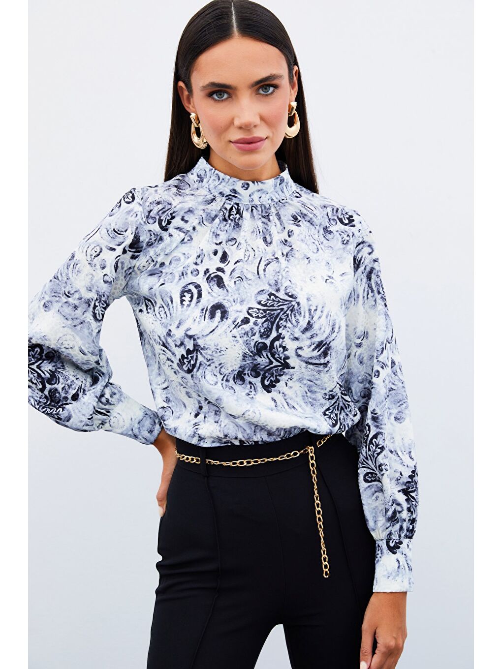 Dik Yaka Desenli Bluz - Siyah-2