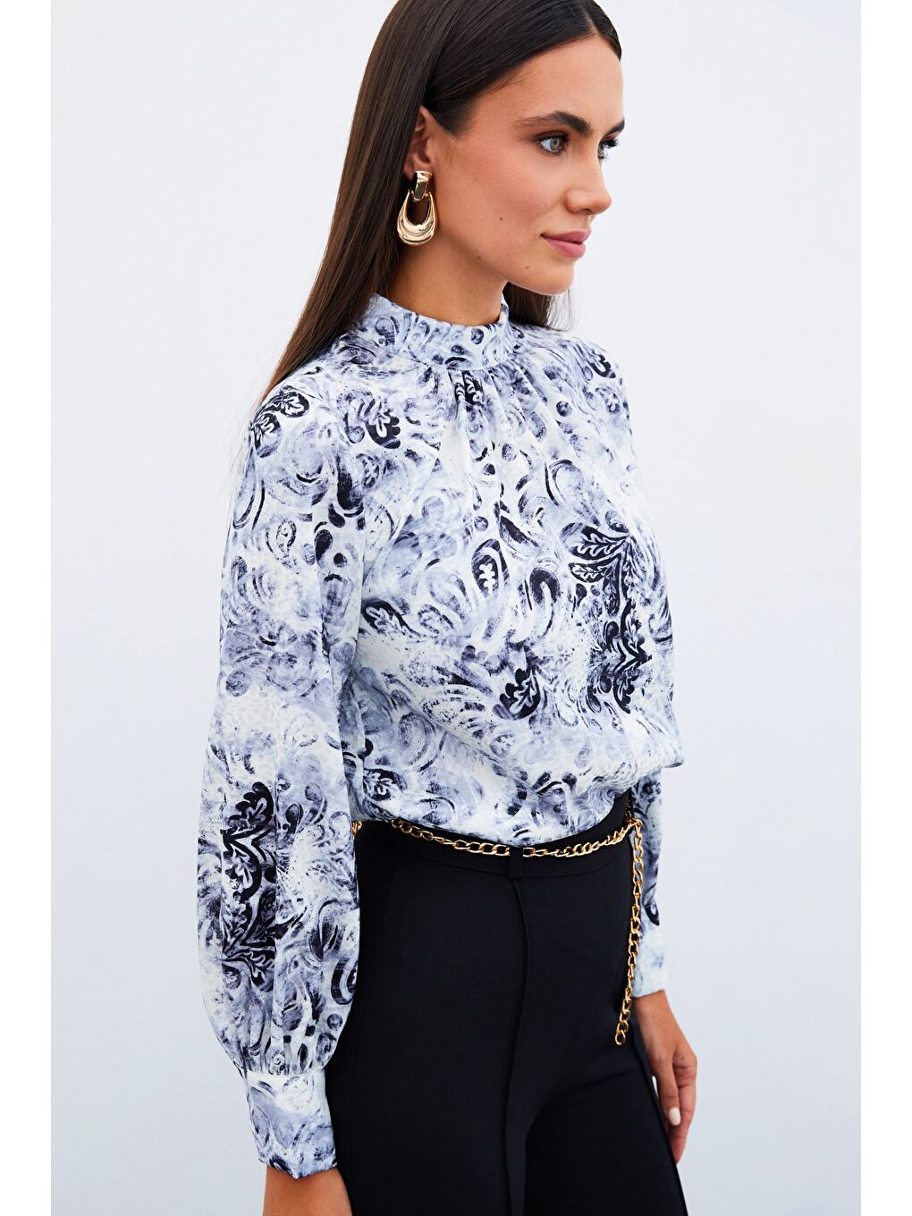 Dik Yaka Desenli Bluz - Siyah-4