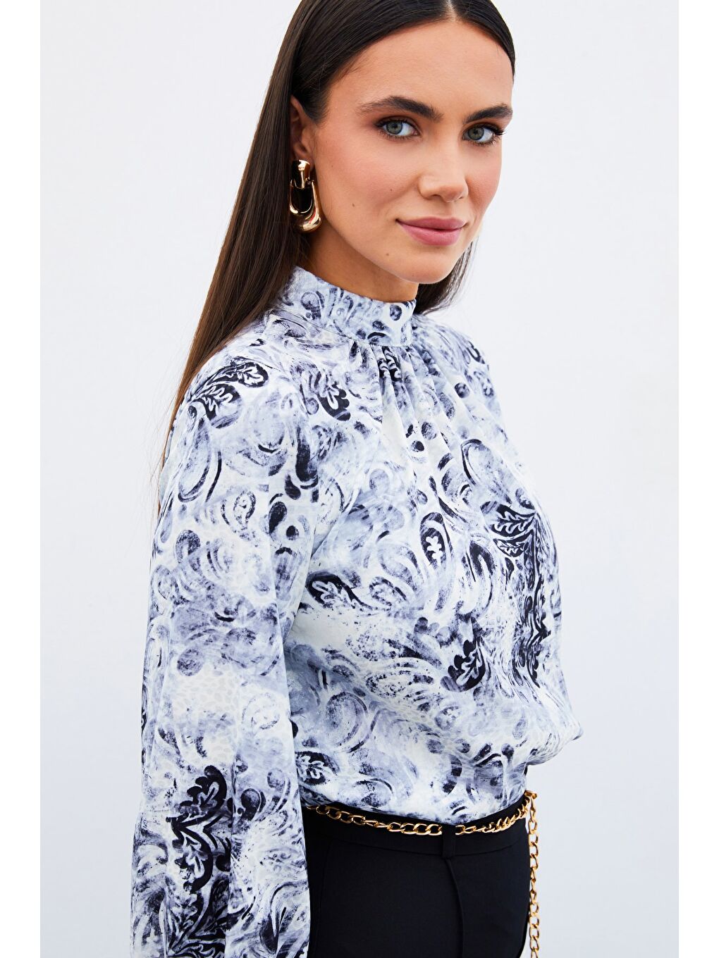 Dik Yaka Desenli Bluz - Siyah-5