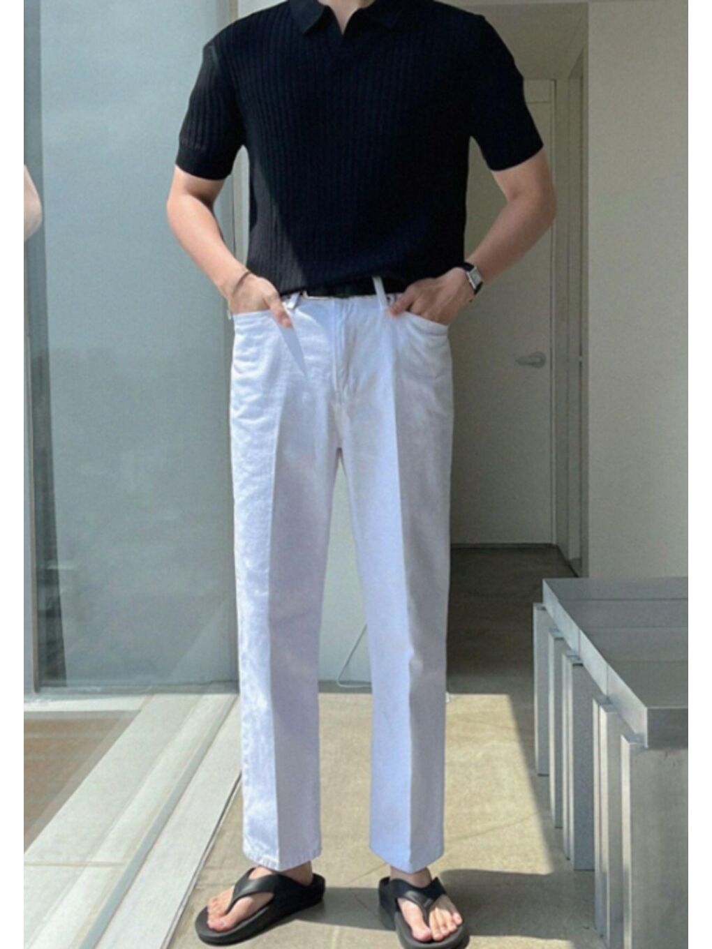 Siyah Erkek Fitilli Polo Yaka Triko Tişört-1