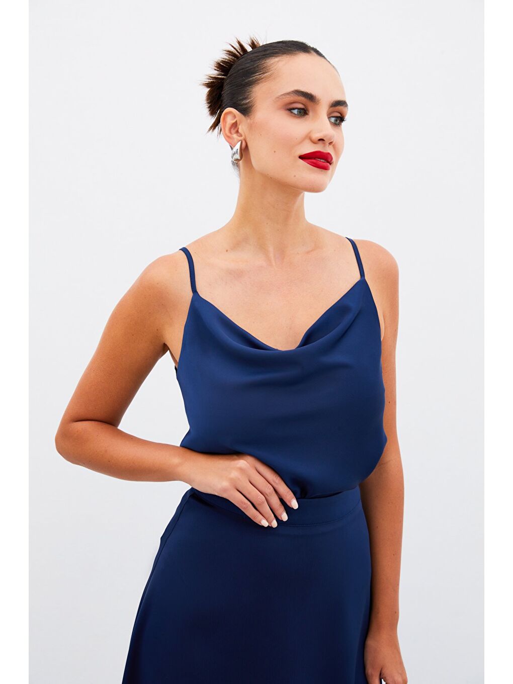 Degaje Yaka Saten Bluz - Lacivert-1