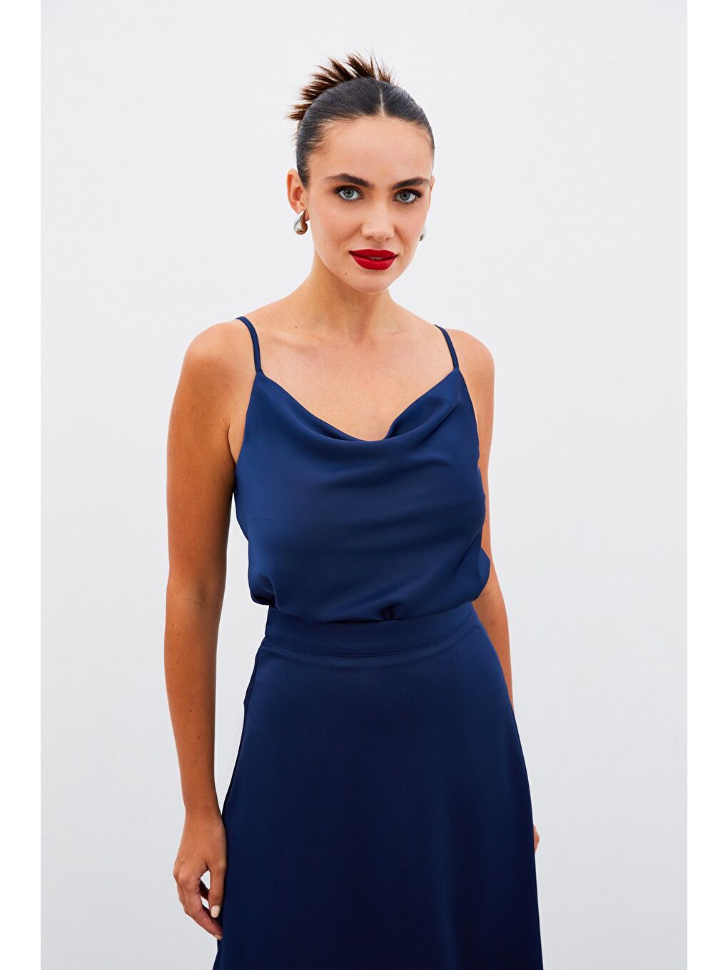 Degaje Yaka Saten Bluz - Lacivert-2