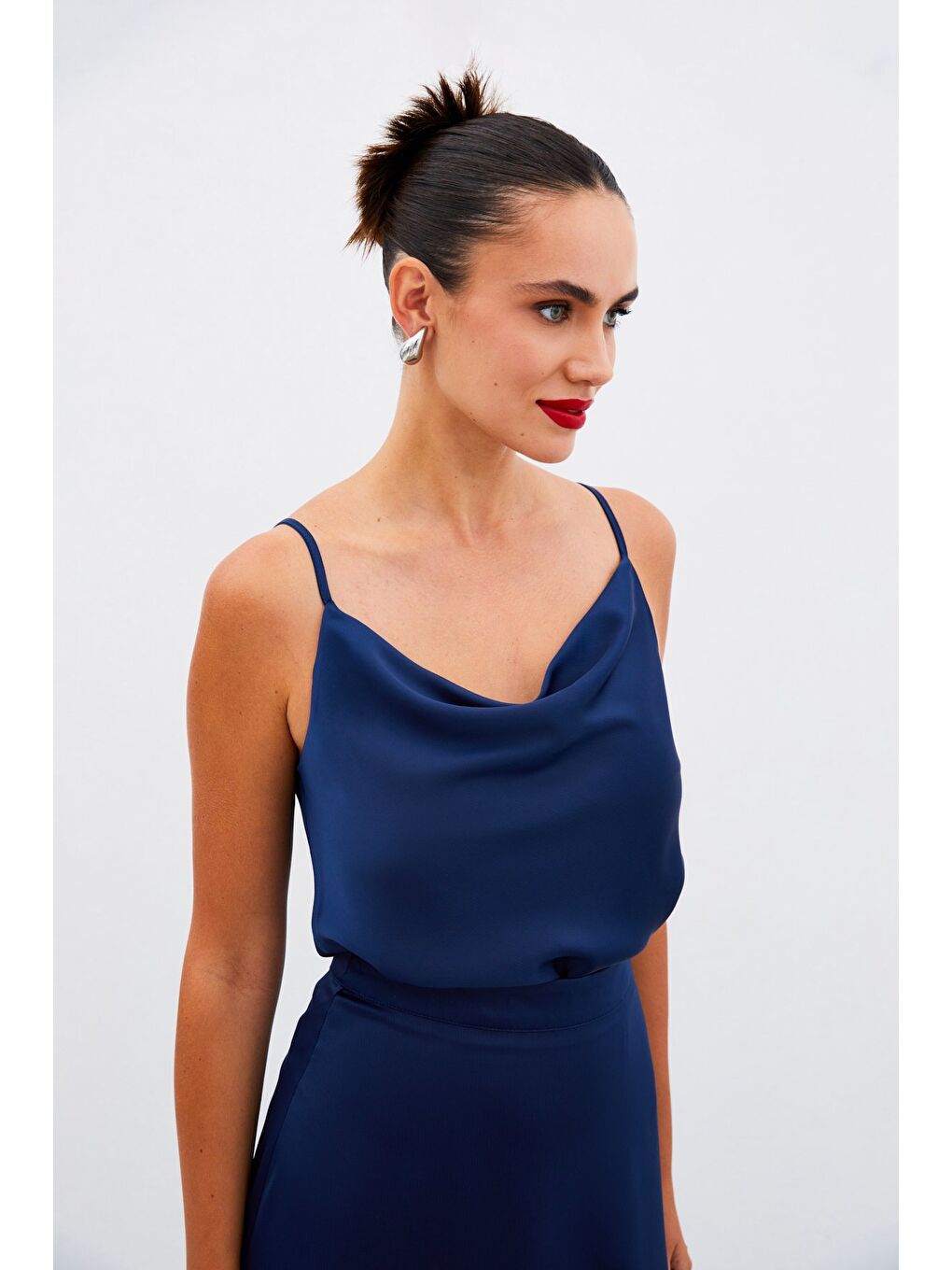 Degaje Yaka Saten Bluz - Lacivert-3