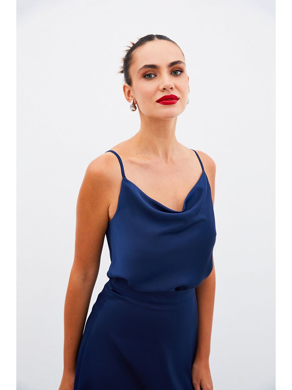 Degaje Yaka Saten Bluz - Lacivert-4