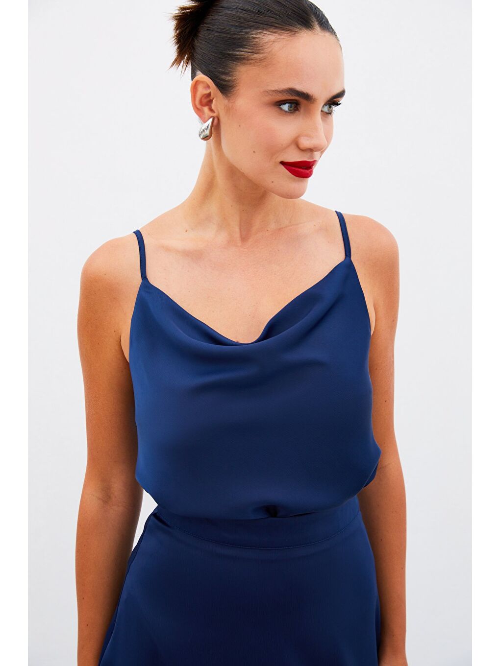 Degaje Yaka Saten Bluz - Lacivert-5