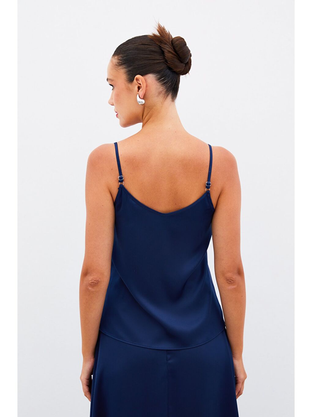 Degaje Yaka Saten Bluz - Lacivert-6