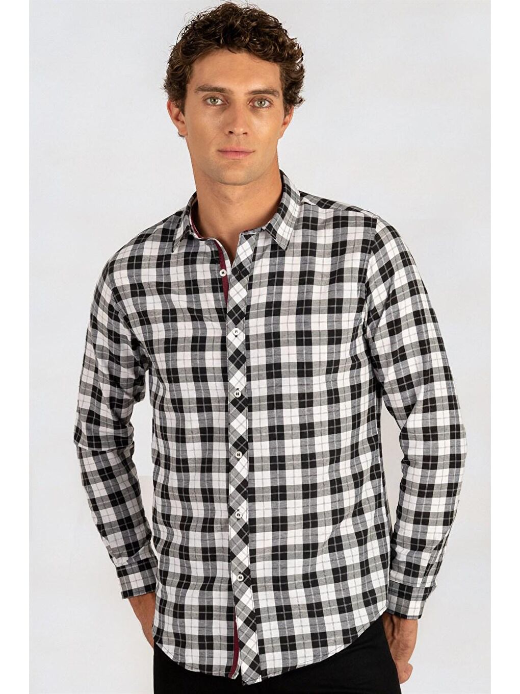 Siyah Slim Fit Uzun Kol Ekose Biyeli Erkek Gömlek DR220075-451