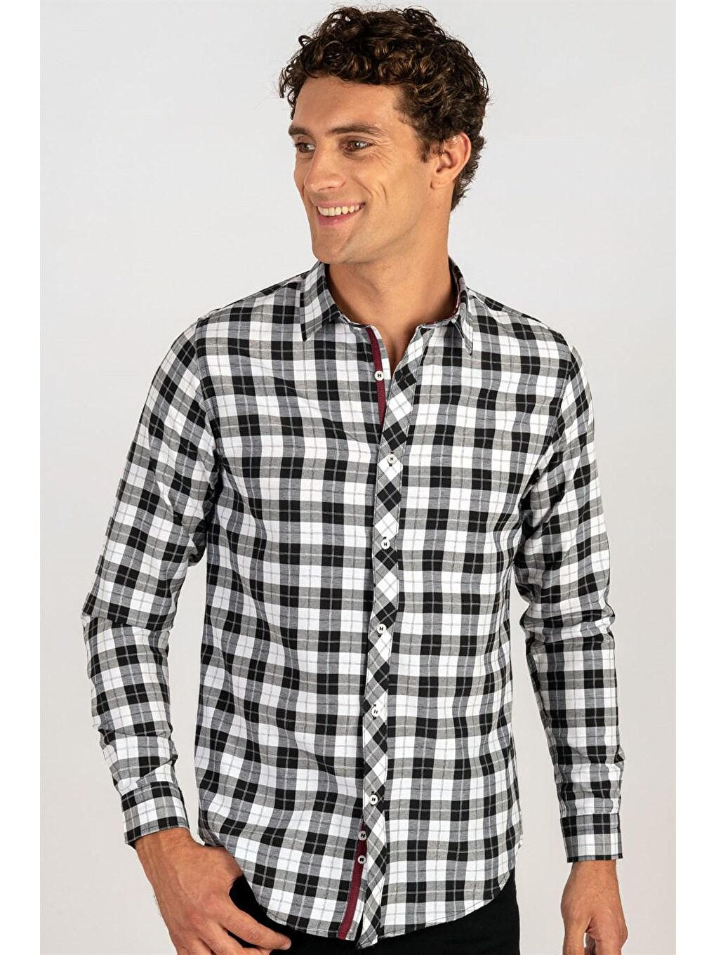 Siyah Slim Fit Uzun Kol Ekose Biyeli Erkek Gömlek DR220075-451-1