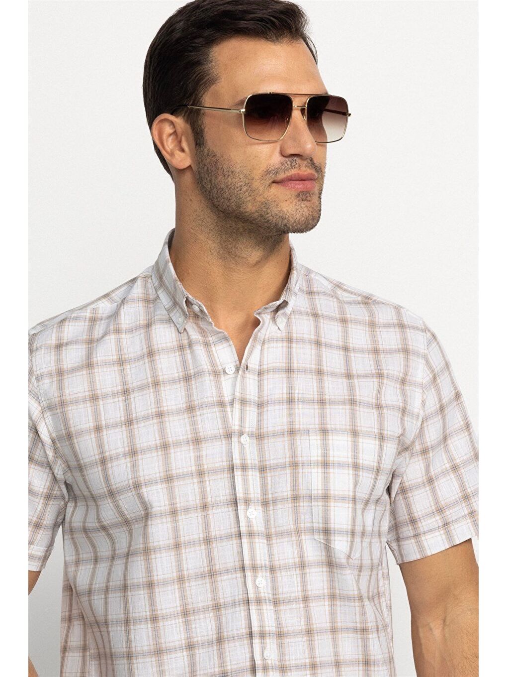 Ekru Erkek Regular Fit Klasik Kesim %100 Pamuk Keten Doku Kareli Düğmeli Yaka Krem Renk Gömlek-1