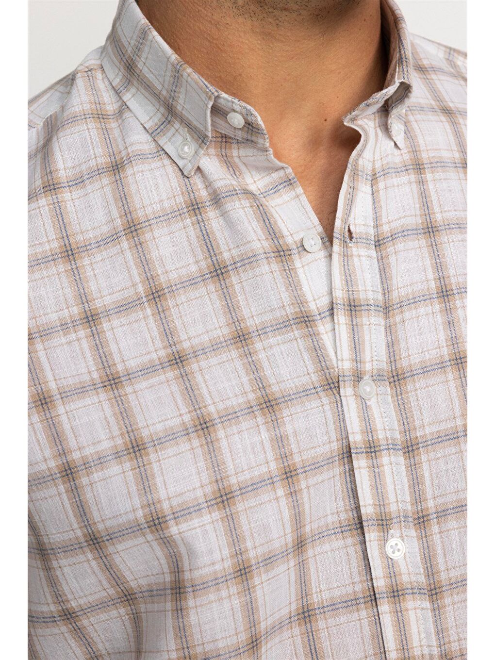 Ekru Erkek Regular Fit Klasik Kesim %100 Pamuk Keten Doku Kareli Düğmeli Yaka Krem Renk Gömlek-2