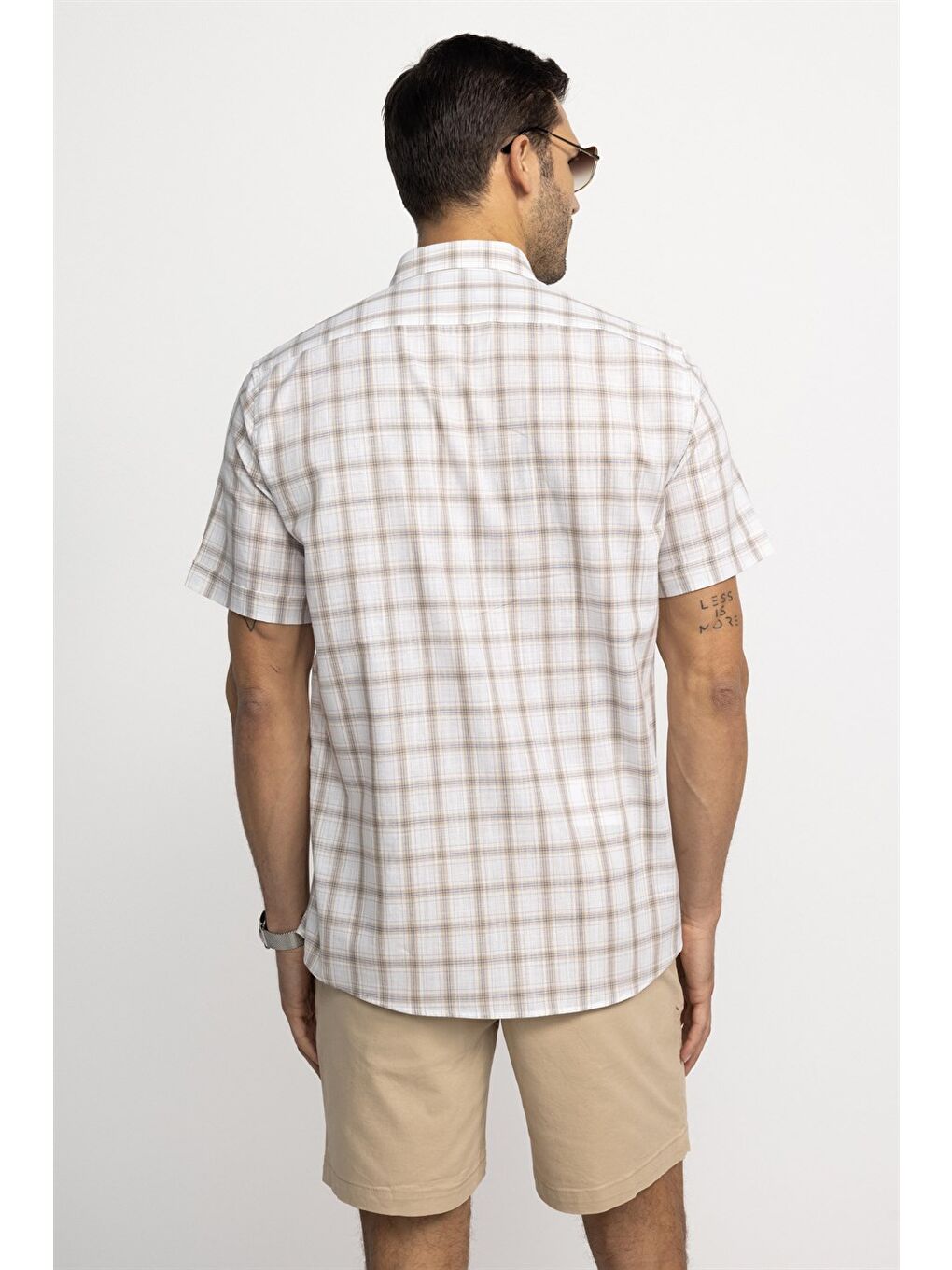 Ekru Erkek Regular Fit Klasik Kesim %100 Pamuk Keten Doku Kareli Düğmeli Yaka Krem Renk Gömlek-3