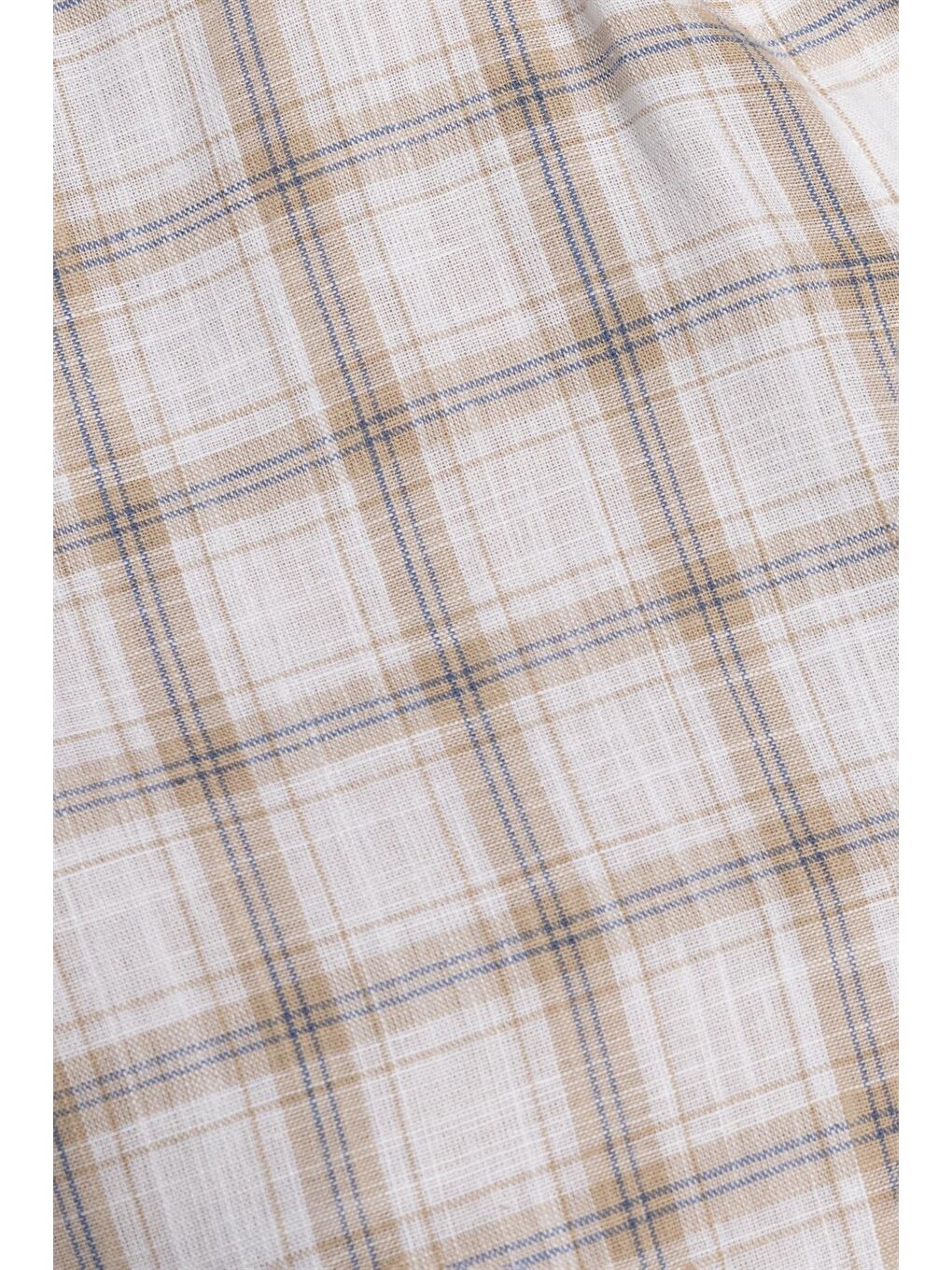 Ekru Erkek Regular Fit Klasik Kesim %100 Pamuk Keten Doku Kareli Düğmeli Yaka Krem Renk Gömlek-4