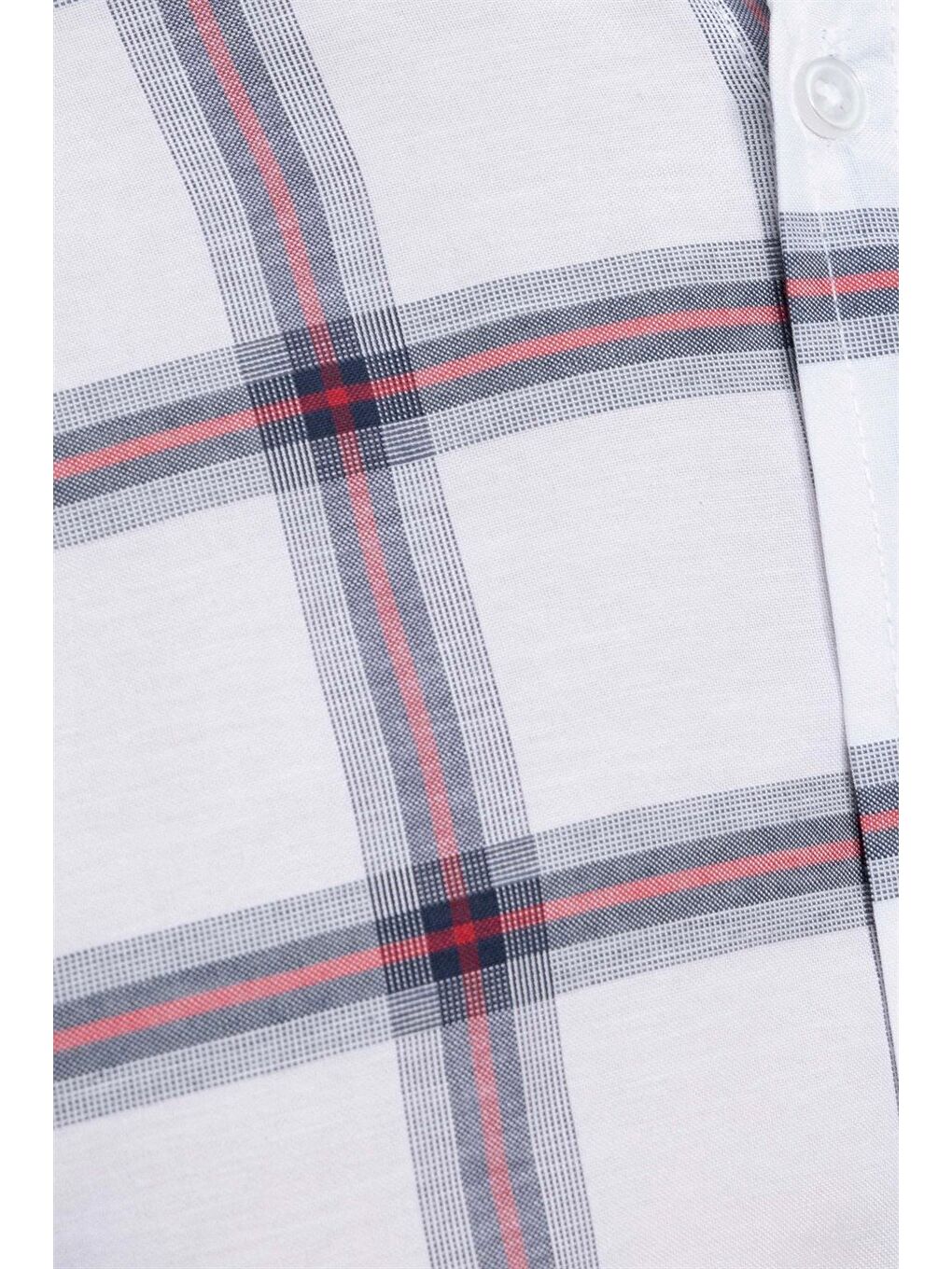 Erkek Regular Fit Klasik Kesim Düğmeli Yaka Küçük Kareli Pamuklu Beyaz Gömlek-4