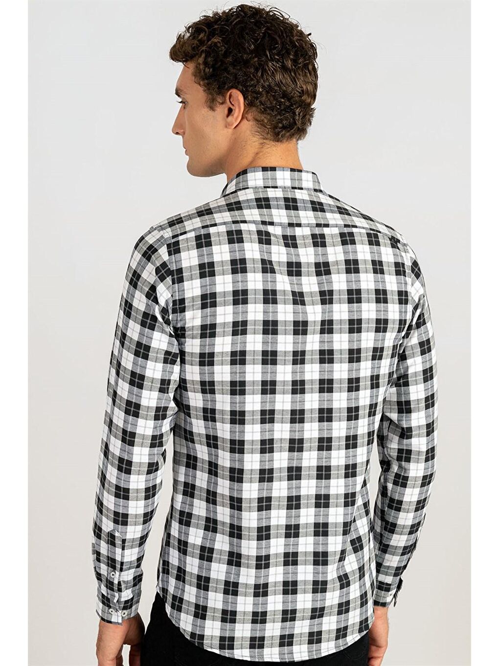 Siyah Slim Fit Uzun Kol Ekose Biyeli Erkek Gömlek DR220075-451-3