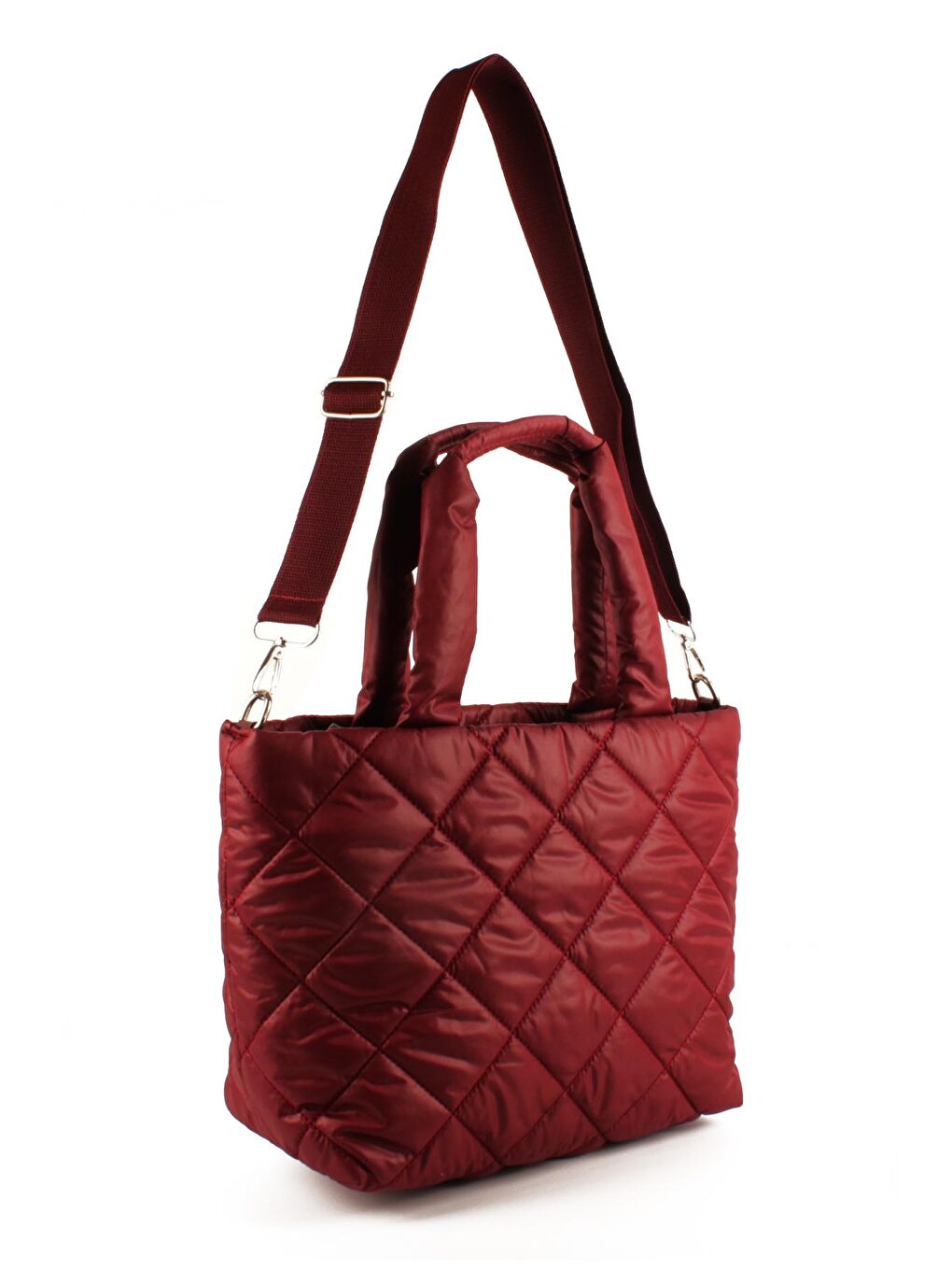 Bordo Kadın Kapitoneli Paraşüt Kumaş Çapraz Askılı Şişme Puf El ve Omuz Çantası (10757)-2