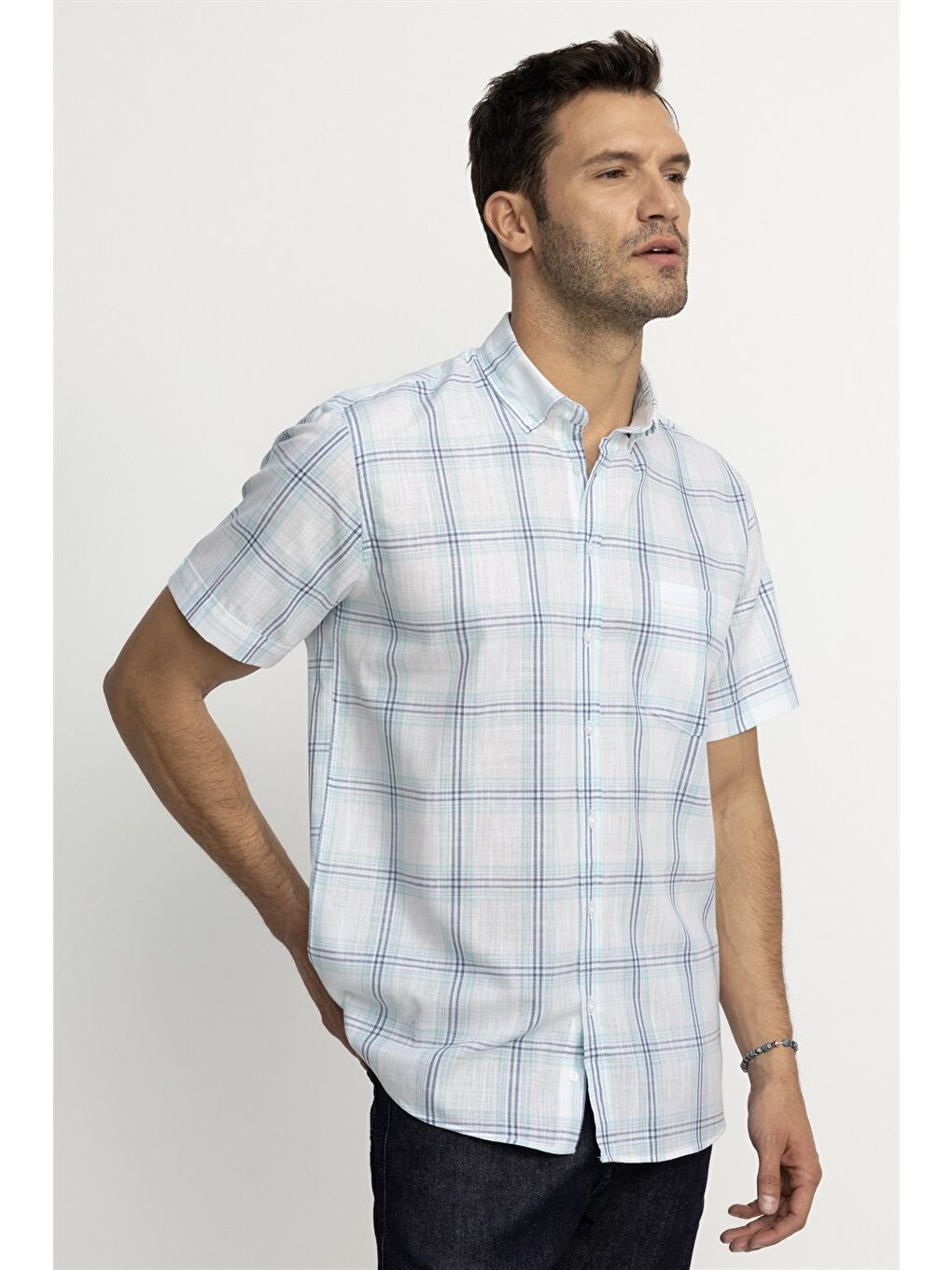 Erkek Regular Fit Klasik Kesim %100 Pamuk Keten Doku Kareli Düğmeli Yaka Beyaz Gömlek