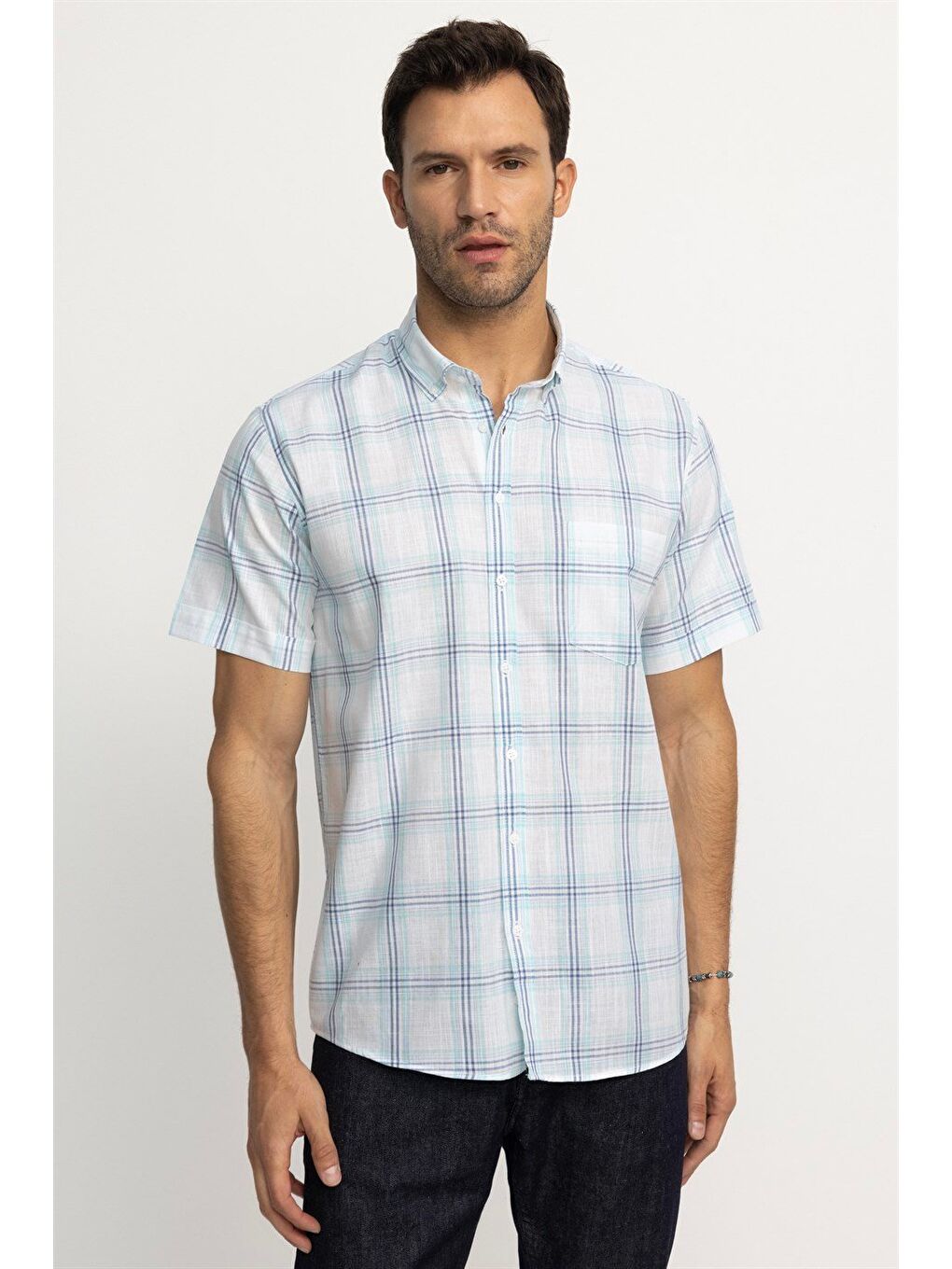 Erkek Regular Fit Klasik Kesim %100 Pamuk Keten Doku Kareli Düğmeli Yaka Beyaz Gömlek-1