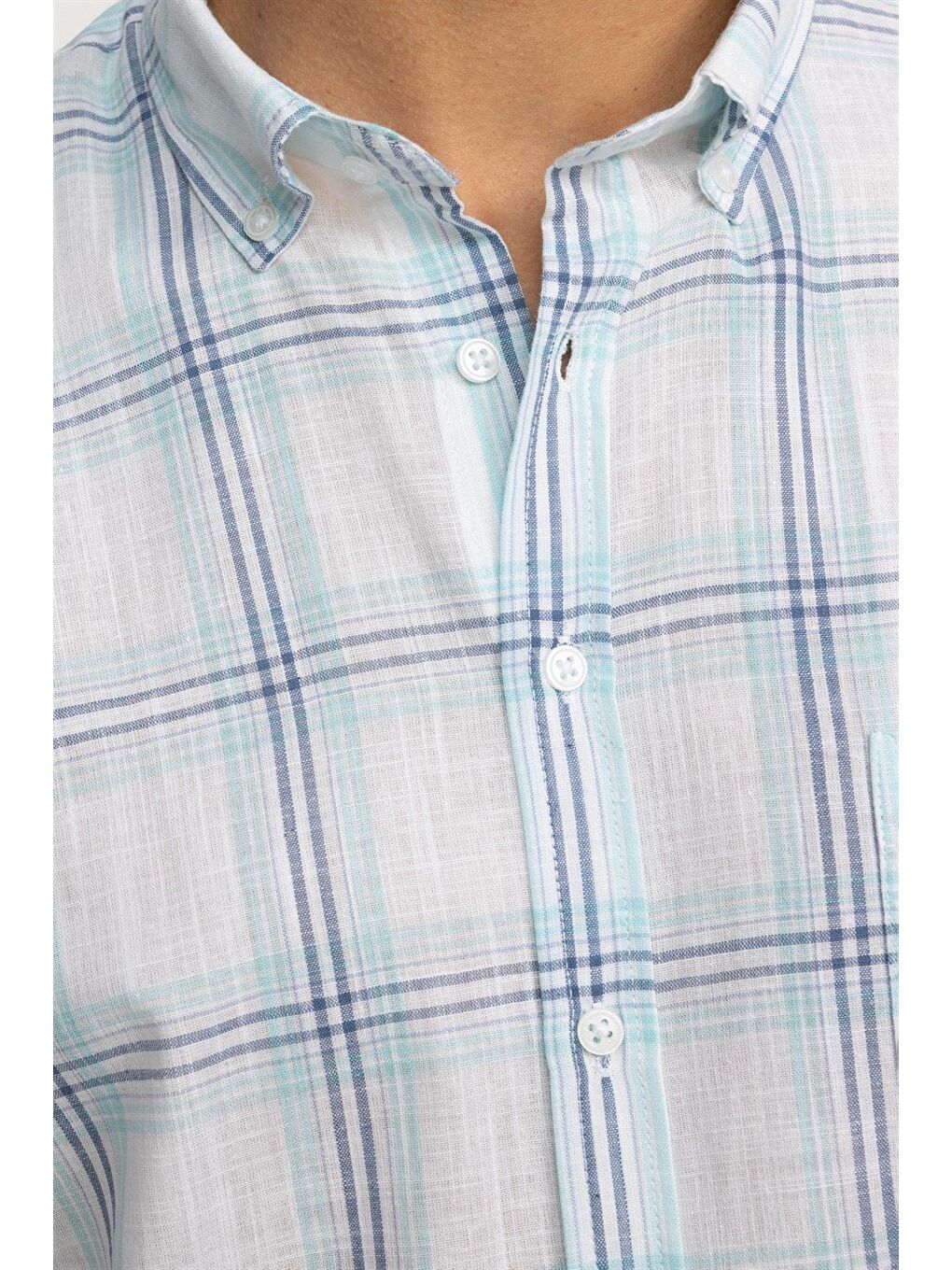 Erkek Regular Fit Klasik Kesim %100 Pamuk Keten Doku Kareli Düğmeli Yaka Beyaz Gömlek-2