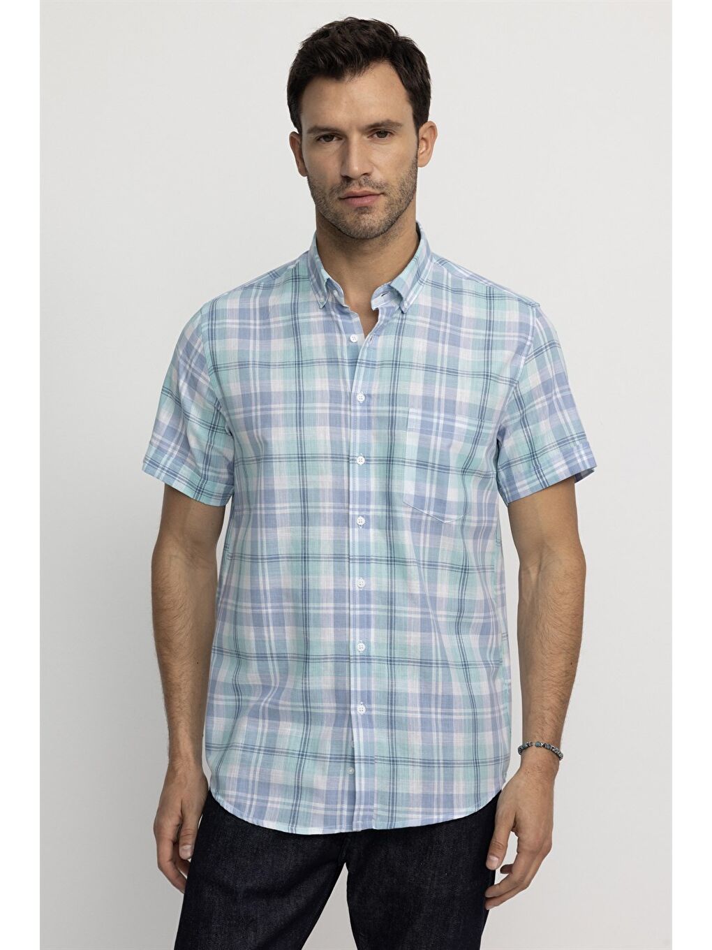 Erkek Regular Fit Klasik Kesim %100 Pamuk Keten Doku Kareli Düğmeli Yaka Turkuaz Gömlek