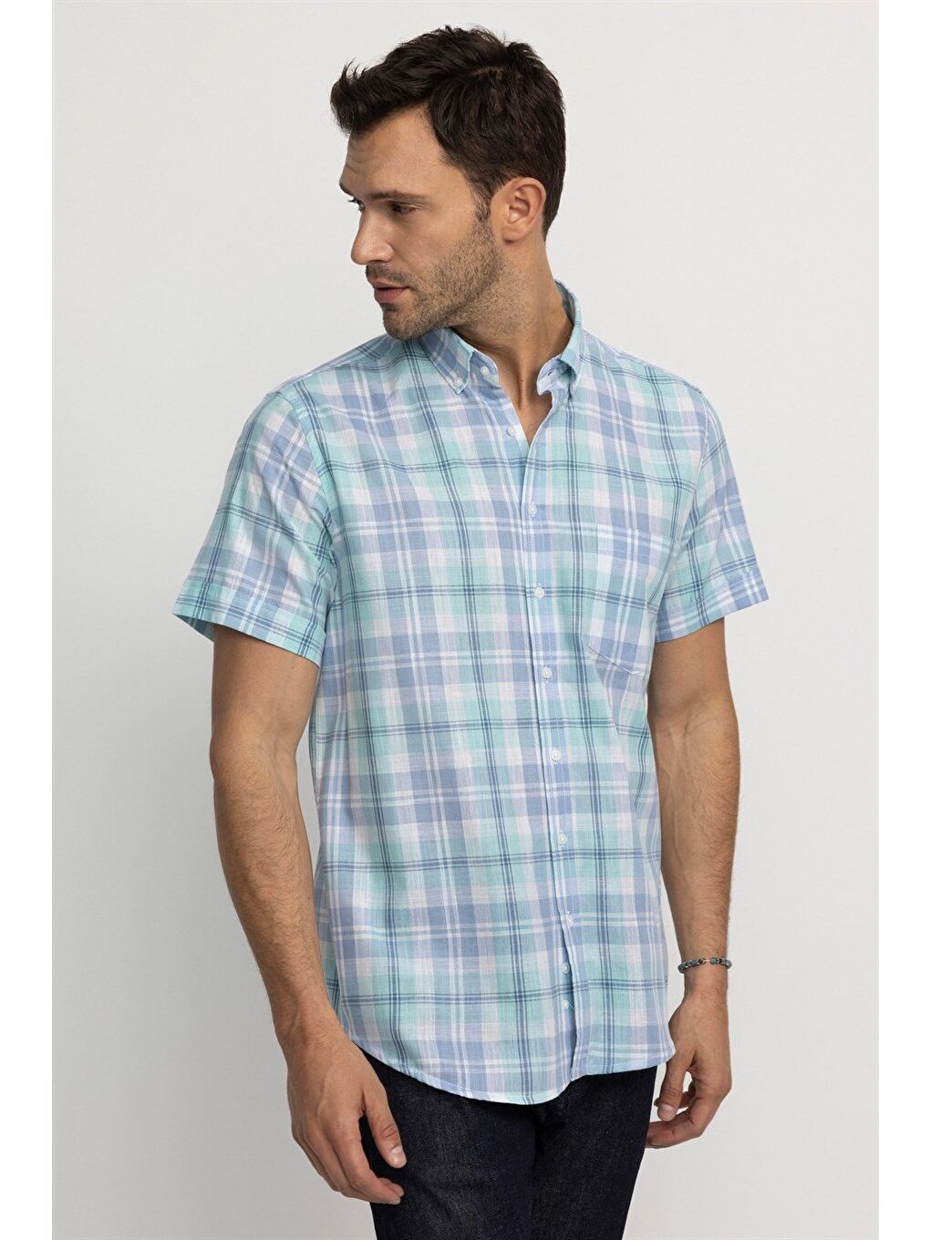 Erkek Regular Fit Klasik Kesim %100 Pamuk Keten Doku Kareli Düğmeli Yaka Turkuaz Gömlek-1
