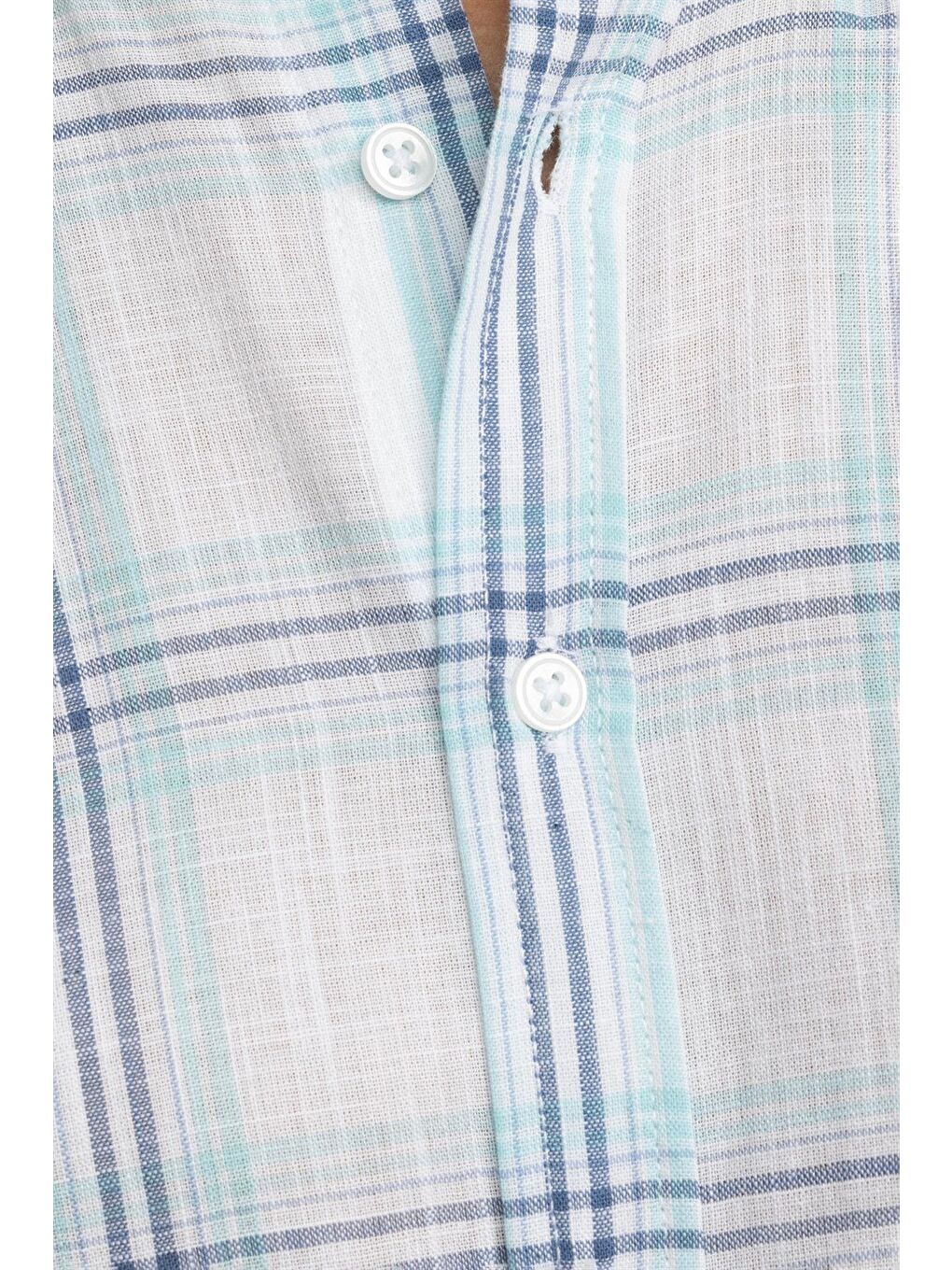 Erkek Regular Fit Klasik Kesim %100 Pamuk Keten Doku Kareli Düğmeli Yaka Beyaz Gömlek-4