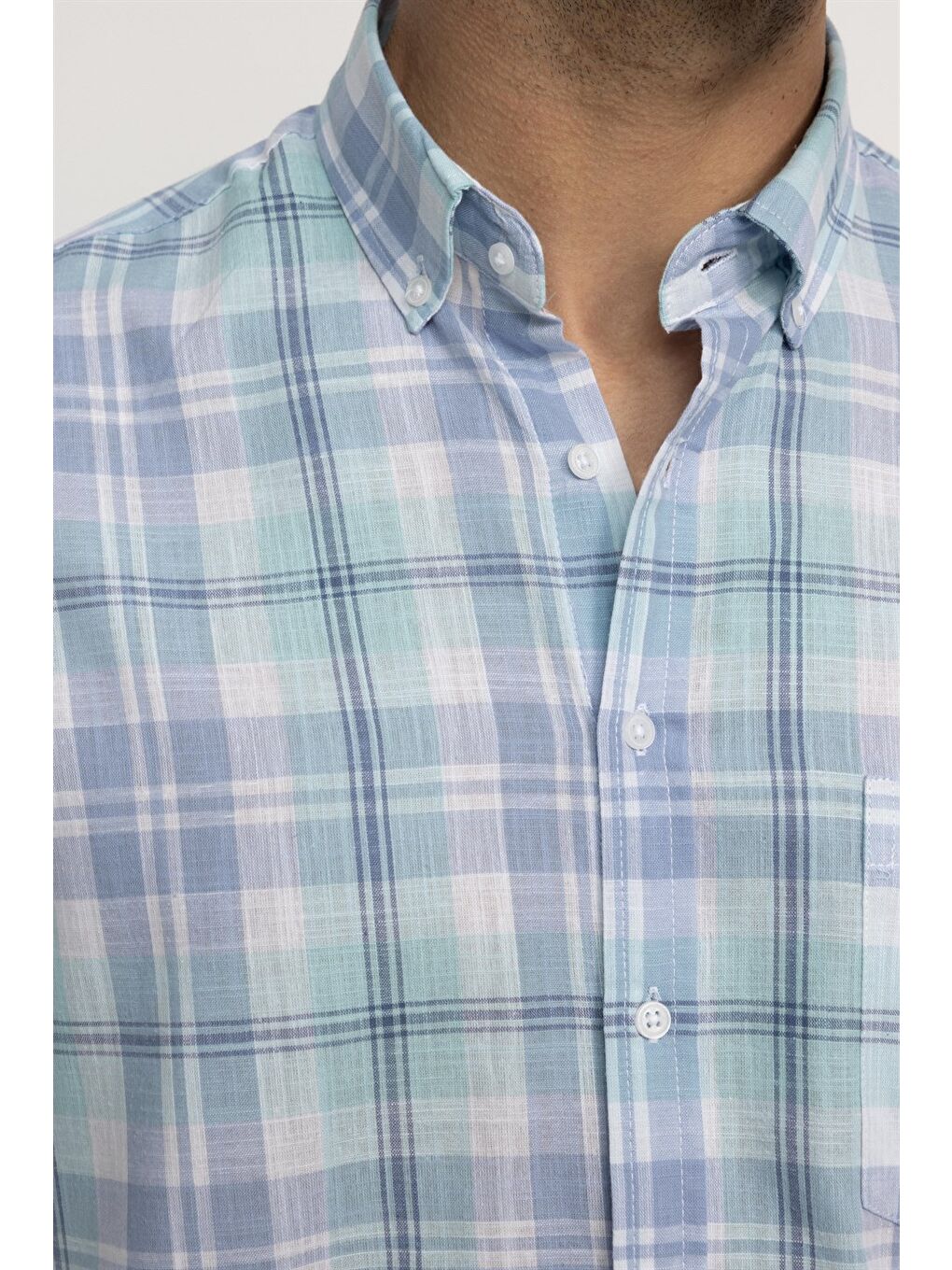 Erkek Regular Fit Klasik Kesim %100 Pamuk Keten Doku Kareli Düğmeli Yaka Turkuaz Gömlek-2