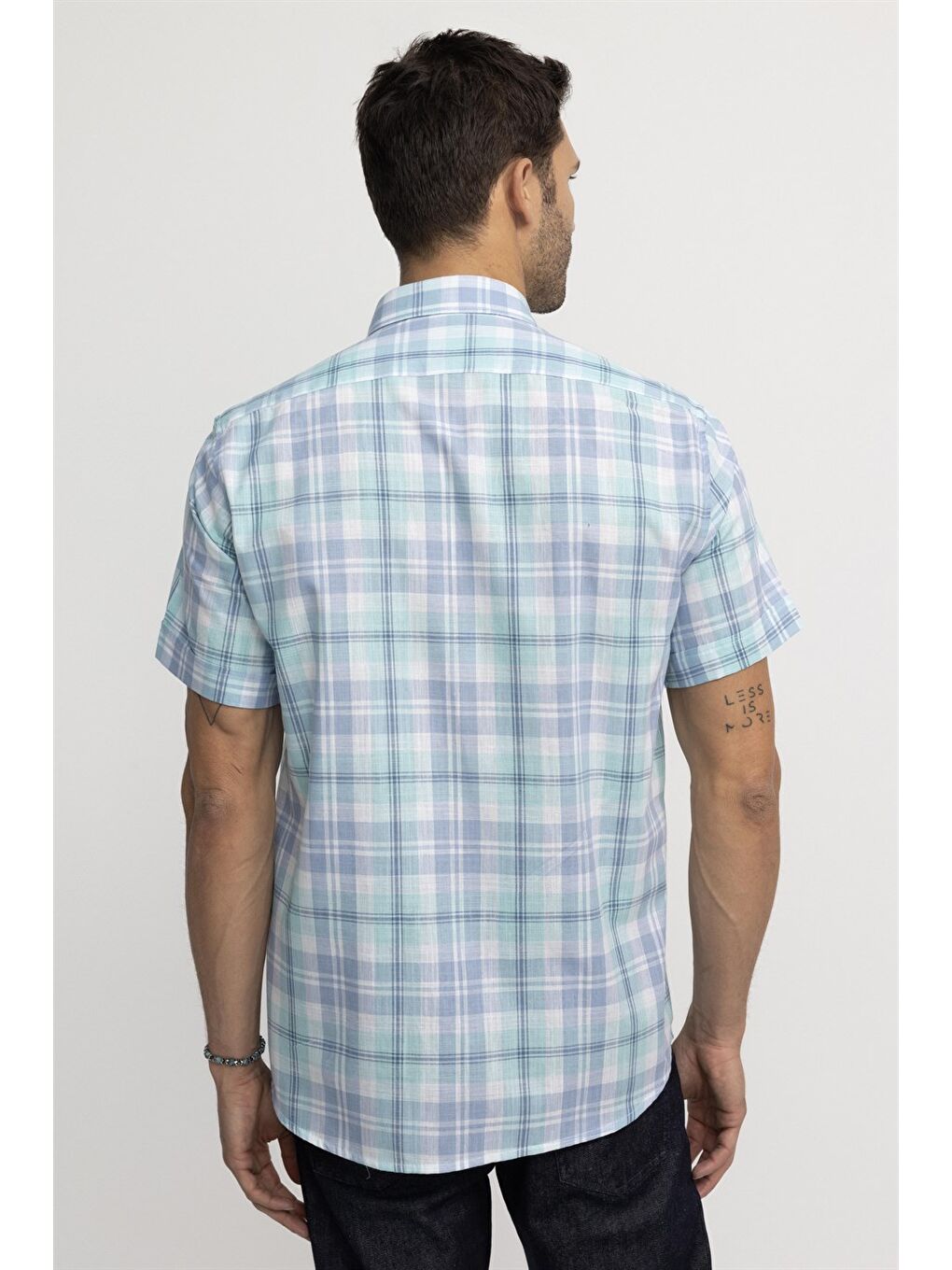 Erkek Regular Fit Klasik Kesim %100 Pamuk Keten Doku Kareli Düğmeli Yaka Turkuaz Gömlek-3