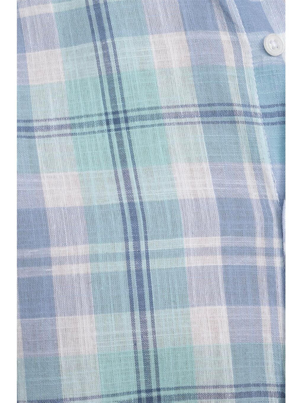 Erkek Regular Fit Klasik Kesim %100 Pamuk Keten Doku Kareli Düğmeli Yaka Turkuaz Gömlek-4