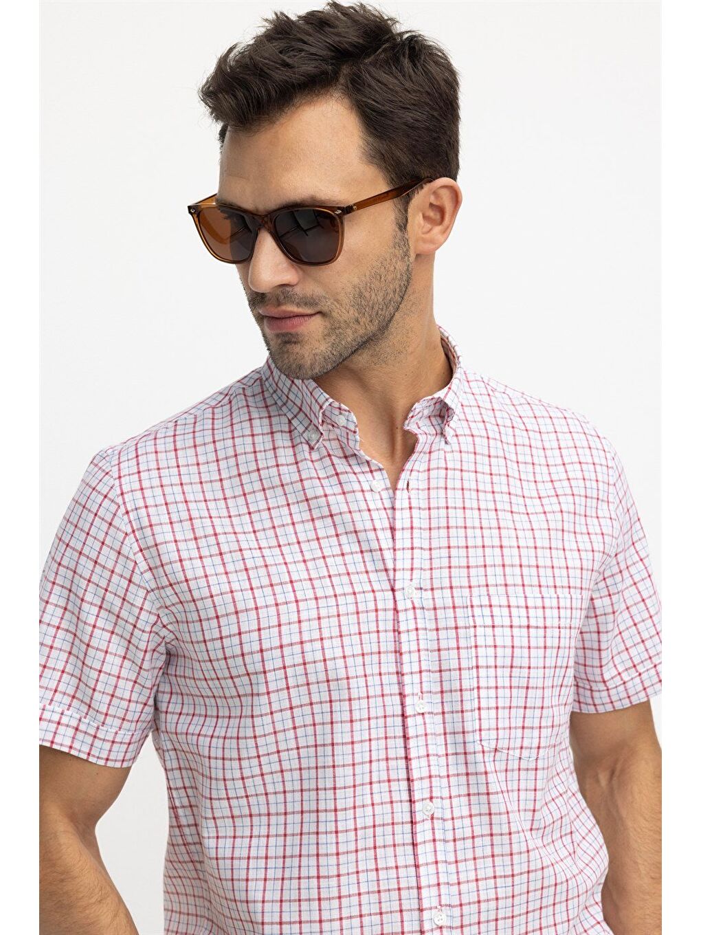 Erkek Regular Fit Klasik Kesim %100 Pamuk Keten Doku Kareli Düğmeli Yaka Beyaz Gömlek