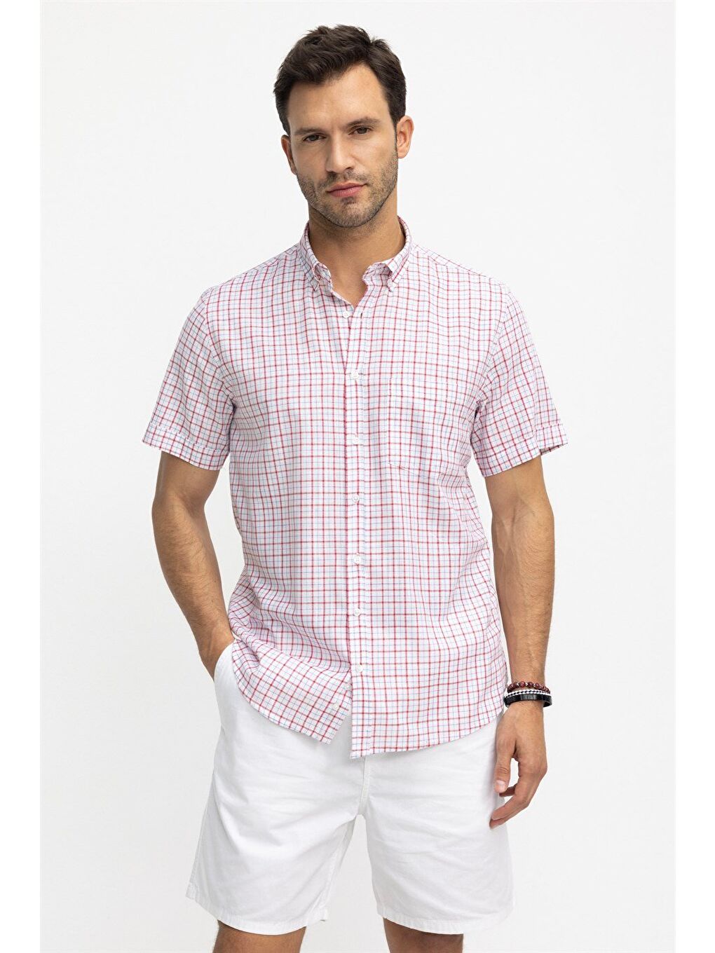 Erkek Regular Fit Klasik Kesim %100 Pamuk Keten Doku Kareli Düğmeli Yaka Beyaz Gömlek-1