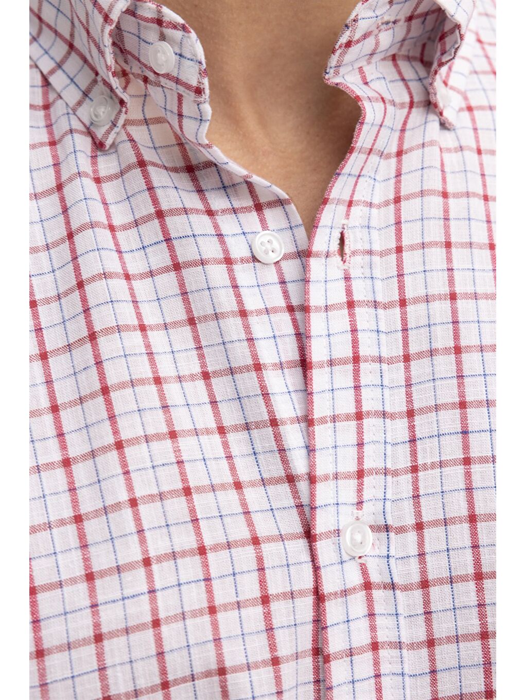 Erkek Regular Fit Klasik Kesim %100 Pamuk Keten Doku Kareli Düğmeli Yaka Beyaz Gömlek-2