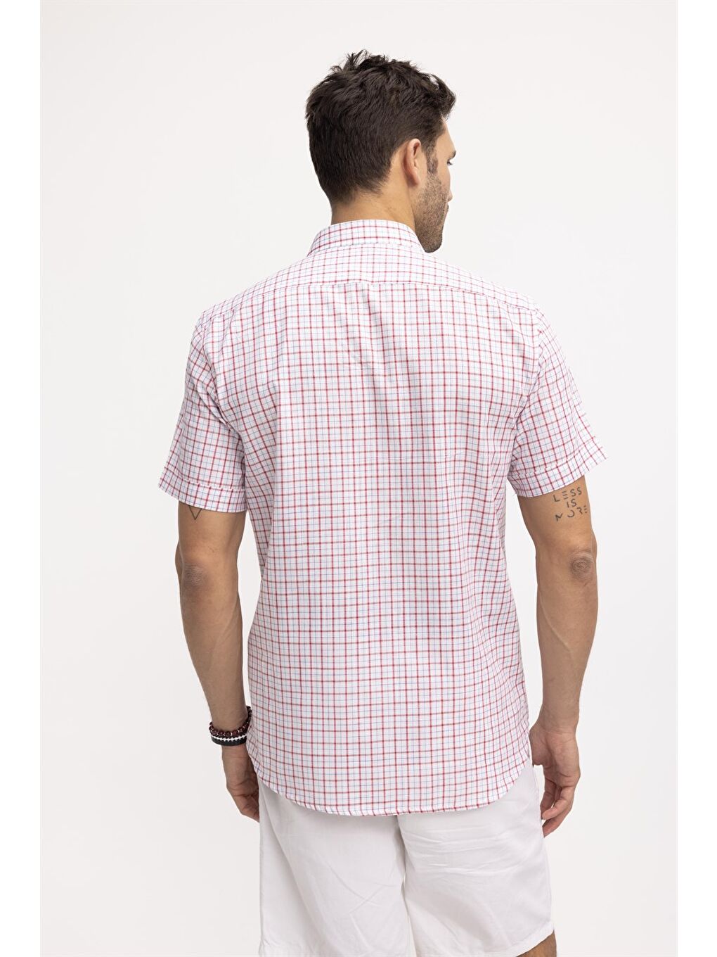 Erkek Regular Fit Klasik Kesim %100 Pamuk Keten Doku Kareli Düğmeli Yaka Beyaz Gömlek-3