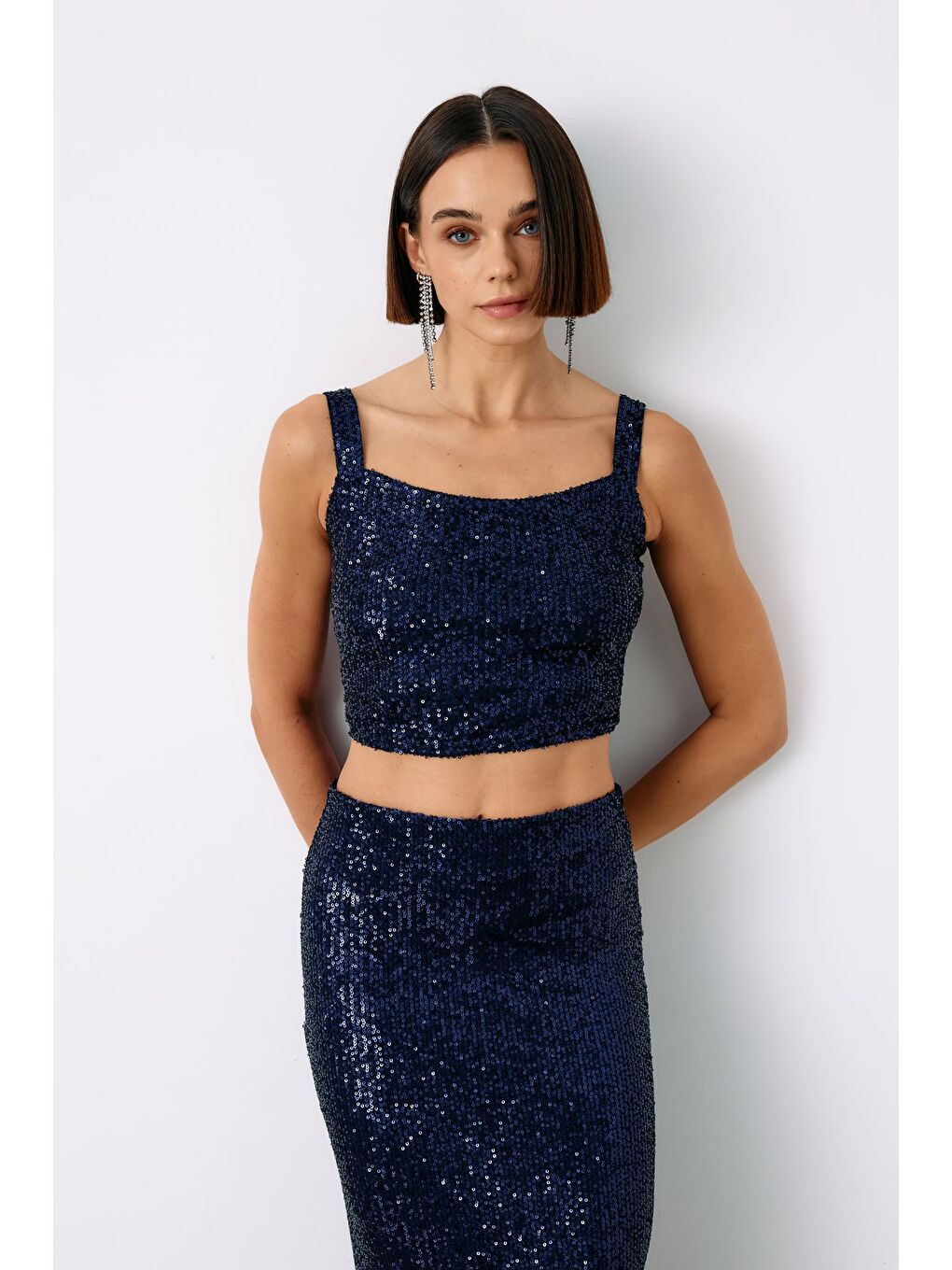 SATEEN Payetli Crop Bluz - Lacivert - 2