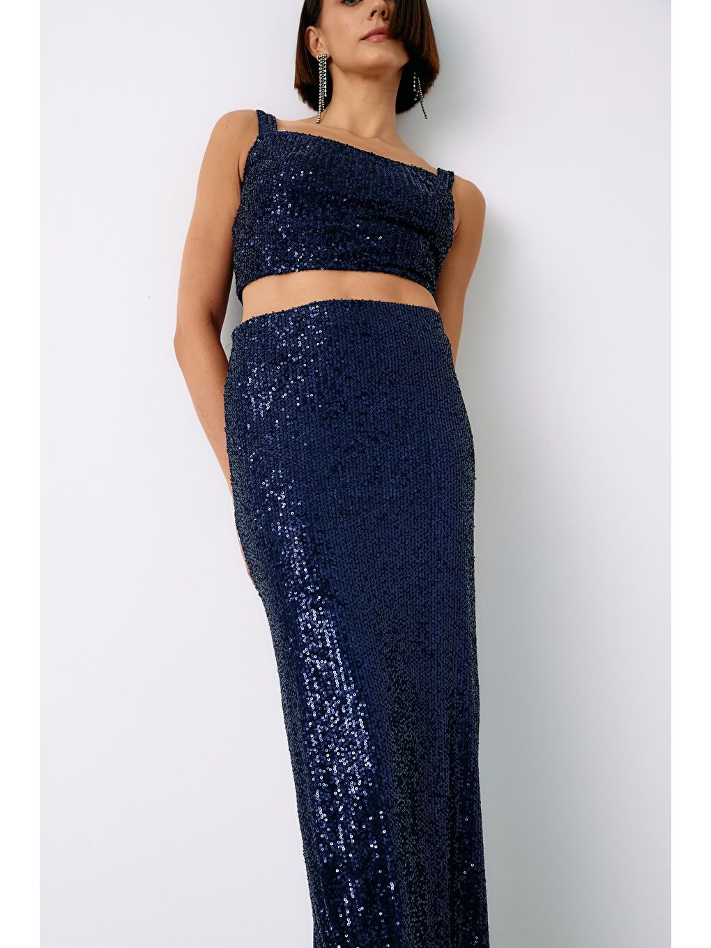 SATEEN Payetli Crop Bluz - Lacivert - 3