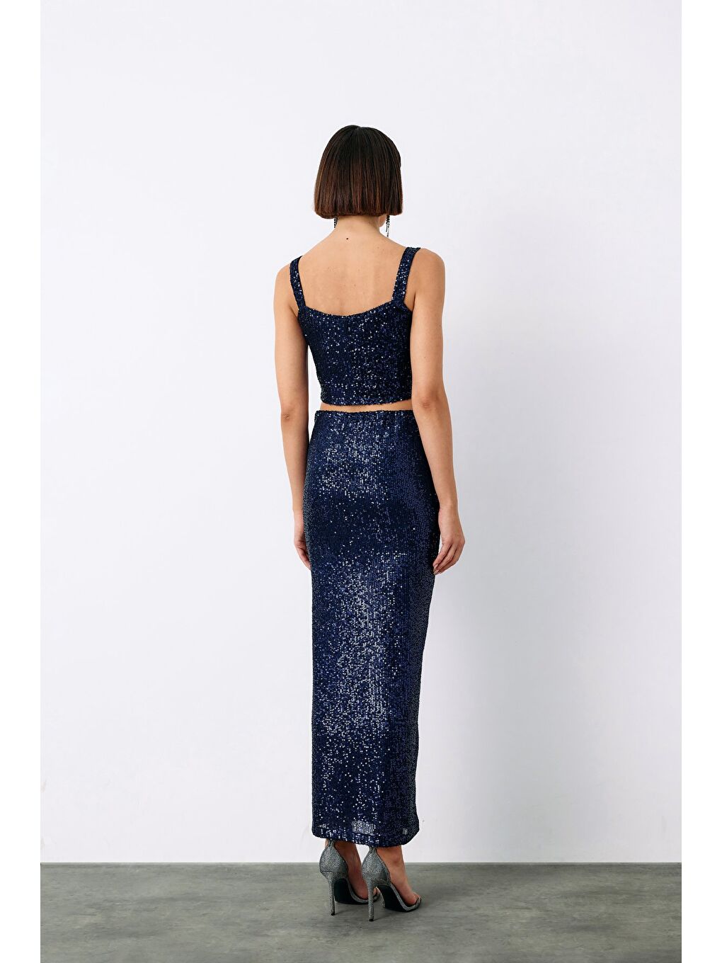 SATEEN Payetli Crop Bluz - Lacivert - 4
