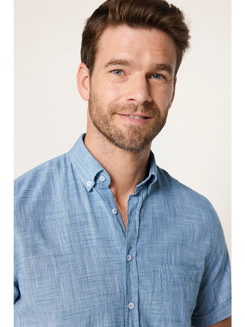 Erkek Regular Fit Klasik Kesim %100 Pamuk Keten Doku Kareli Düğmeli Yaka Yeşil Gömlek