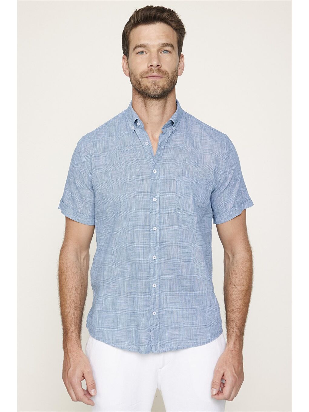 Erkek Regular Fit Klasik Kesim %100 Pamuk Keten Doku Kareli Düğmeli Yaka Yeşil Gömlek-1